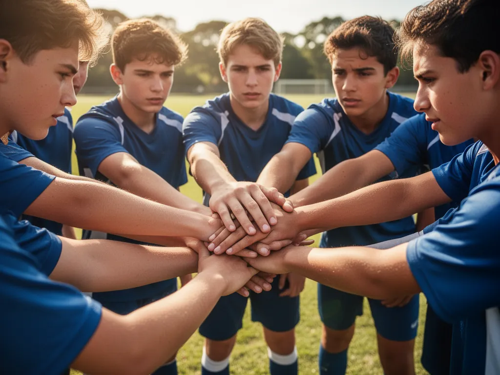 Young team members with hands joined together in huddle showing unity and determination for fundraising cause.