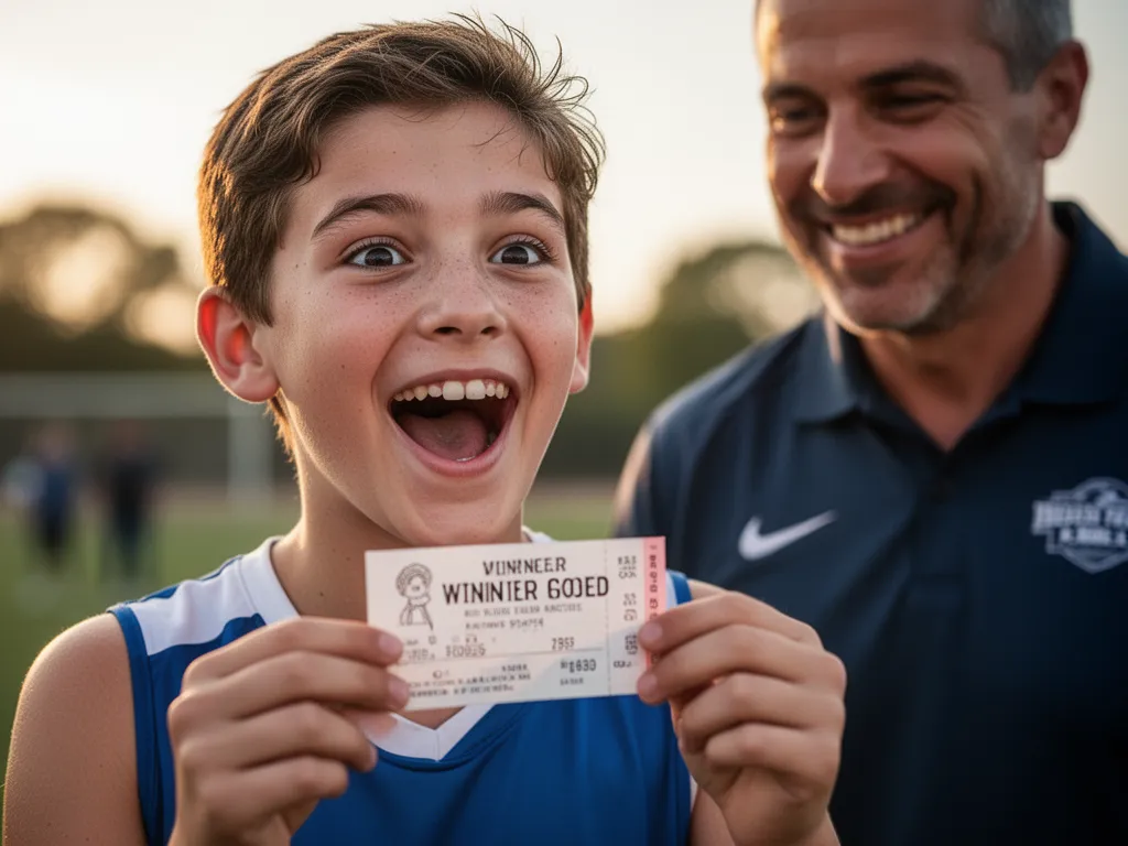 Young athlete beaming with excitement while holding winning raffle ticket with coach smiling in background