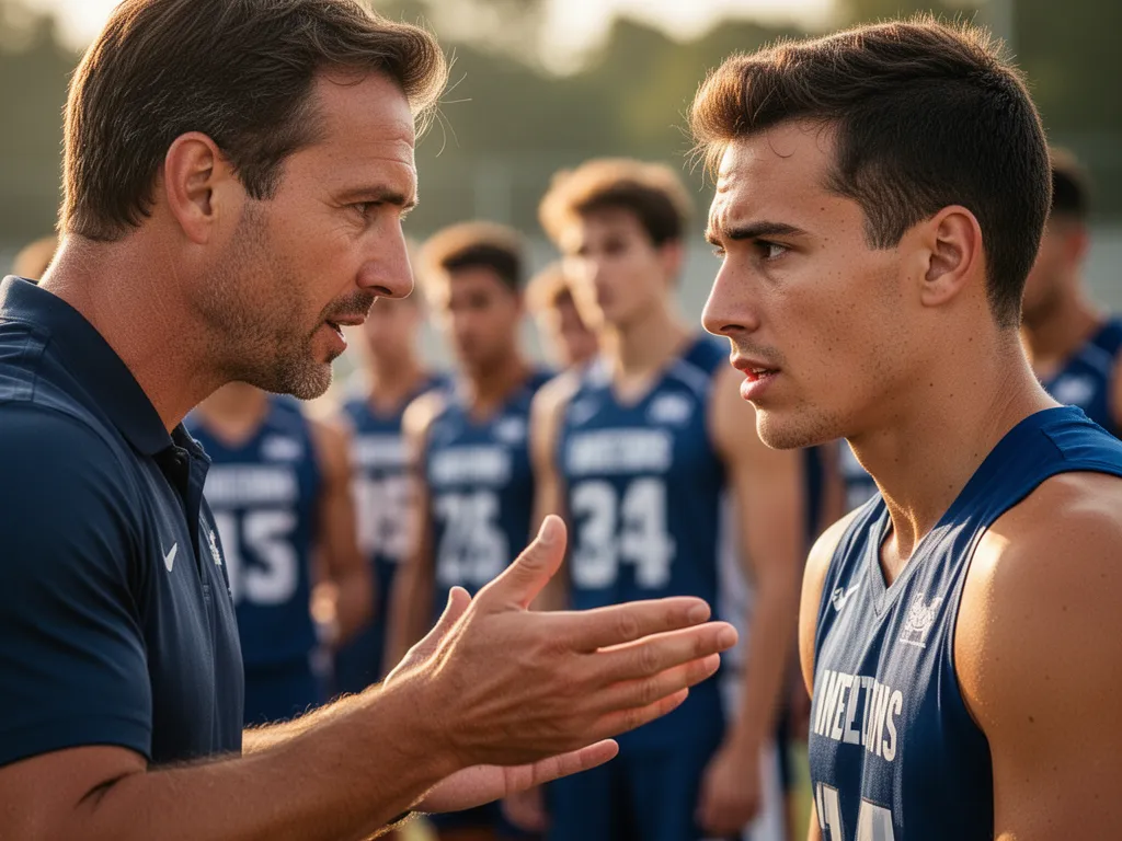 Coach providing personalized instruction and mentorship to focused athlete during training session