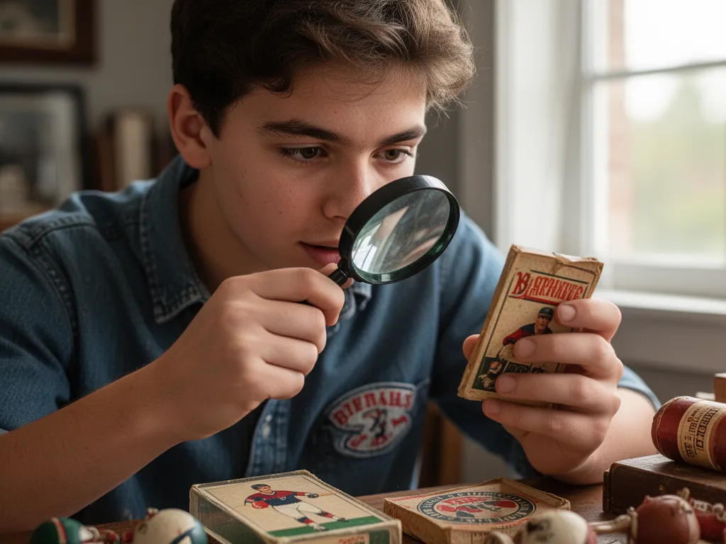 [Young collector carefully examining valuable sports memorabilia with magnifying glass showing dedication]