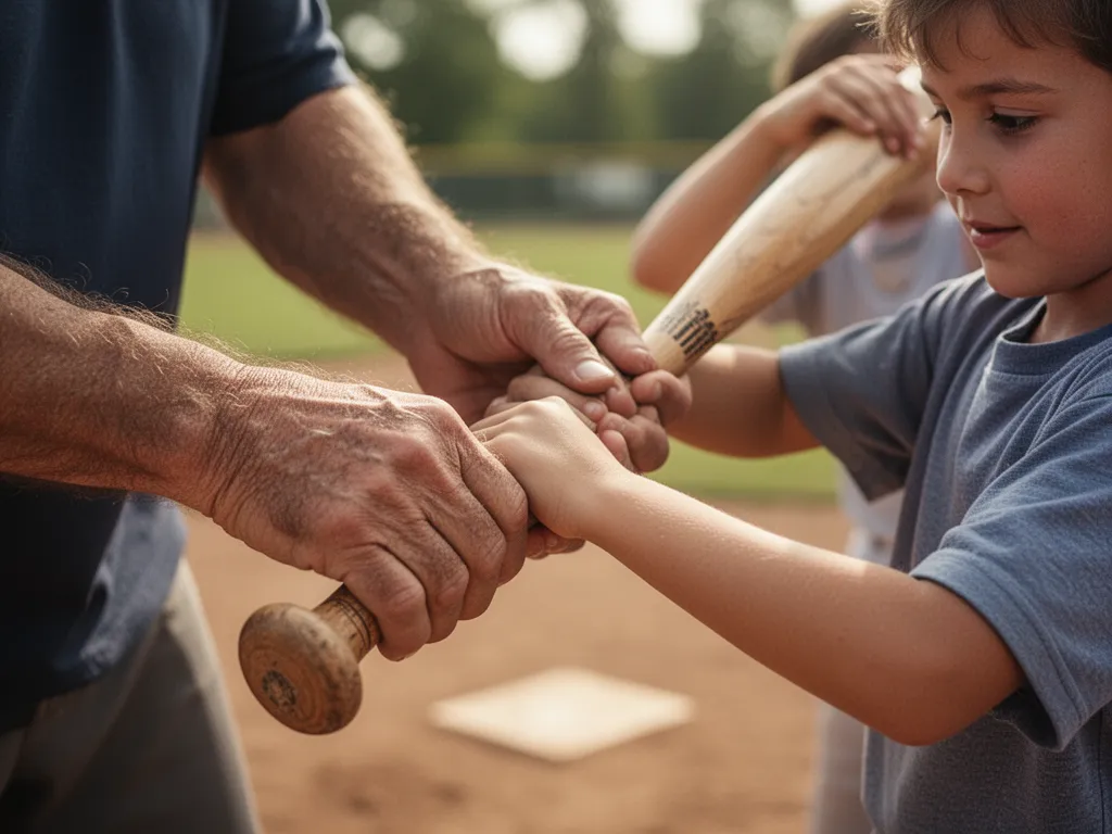 [Dad's hands guiding child's grip on baseball bat during coaching moment]