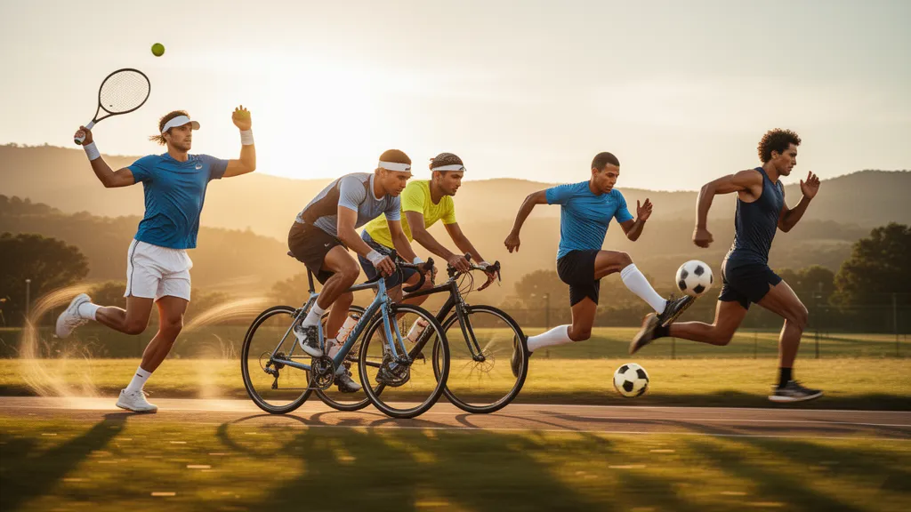 Multiple athletes competing in different sports simultaneously outdoors in natural sunlight with dynamic motion