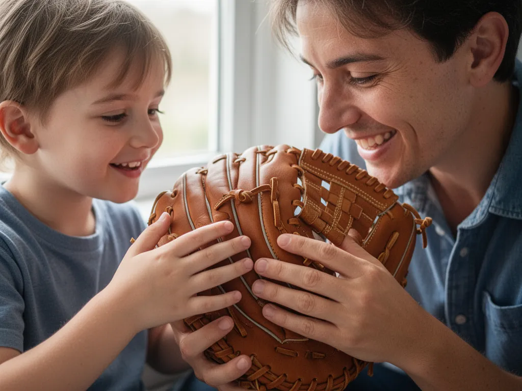 Parent and child bonding while inspecting a new baseball glove together indoors