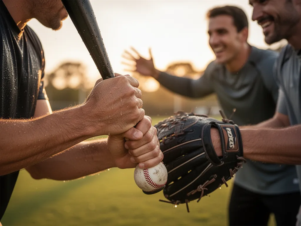 Athlete's hands holding baseball equipment with coach encouragement visible in background