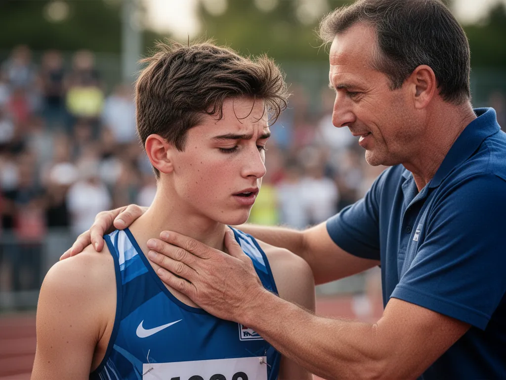 Coach congratulating breathless young athlete after completing competitive race outdoors