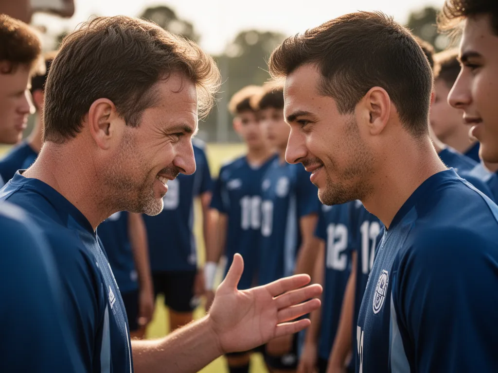 Coach providing personalized instruction and encouragement to young athlete during outdoor training session
