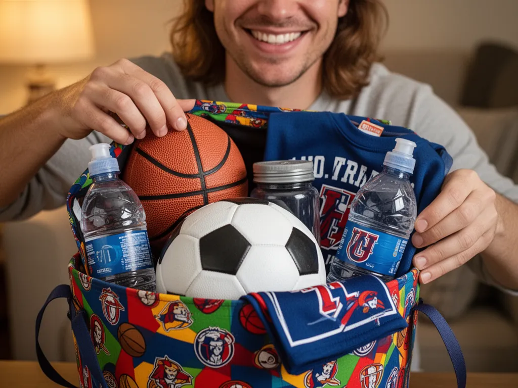 Hands opening a sports-themed gift basket filled with colorful equipment and merchandise indoors