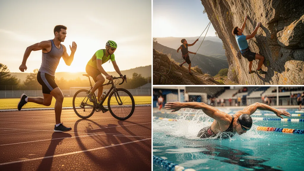 Multiple athletes from different sports competing outdoors in dynamic motion during golden hour lighting.
