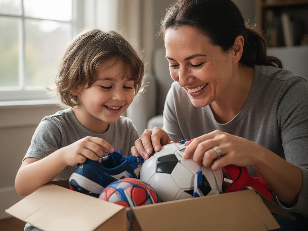 Parent and child excitedly opening sports gifts together at home with warm natural lighting.