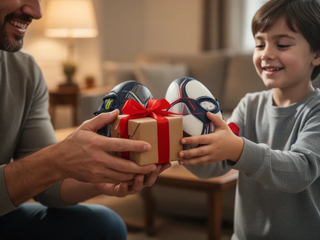 [Parent and child's hands exchanging sports equipment gift with warm emotional connection]