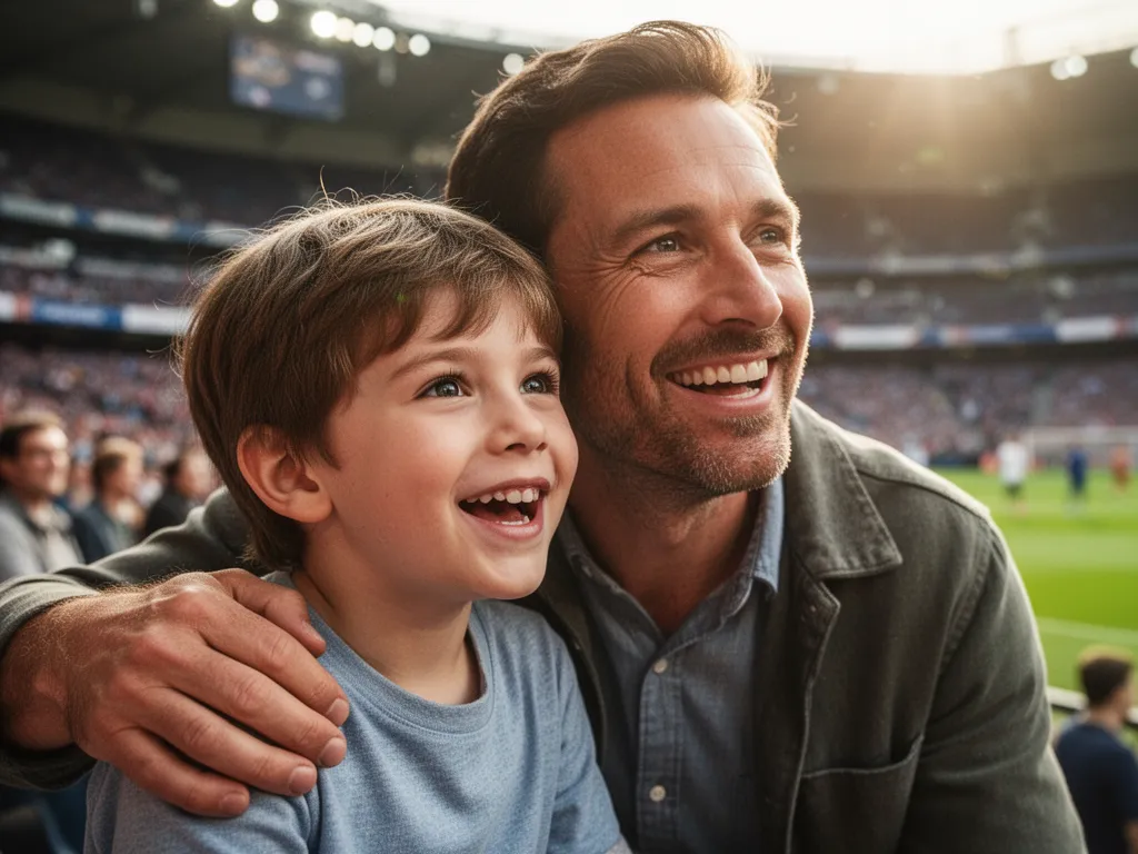 Father and son sharing an emotional moment watching a game together in stadium seating.