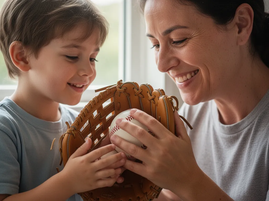 Parent and child bonding while looking at baseball glove and ball together indoors