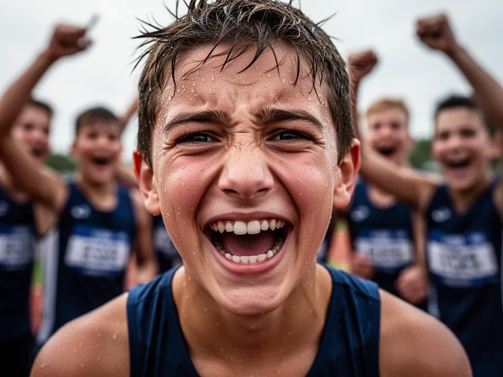 Close-up of athlete's joyful expression after accomplishment with celebrating supporters visible in soft focus background
