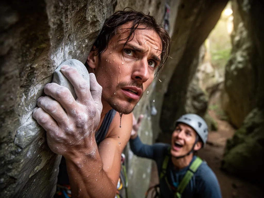 Rock climber's intense face and hands on climbing hold with teammate below offering support