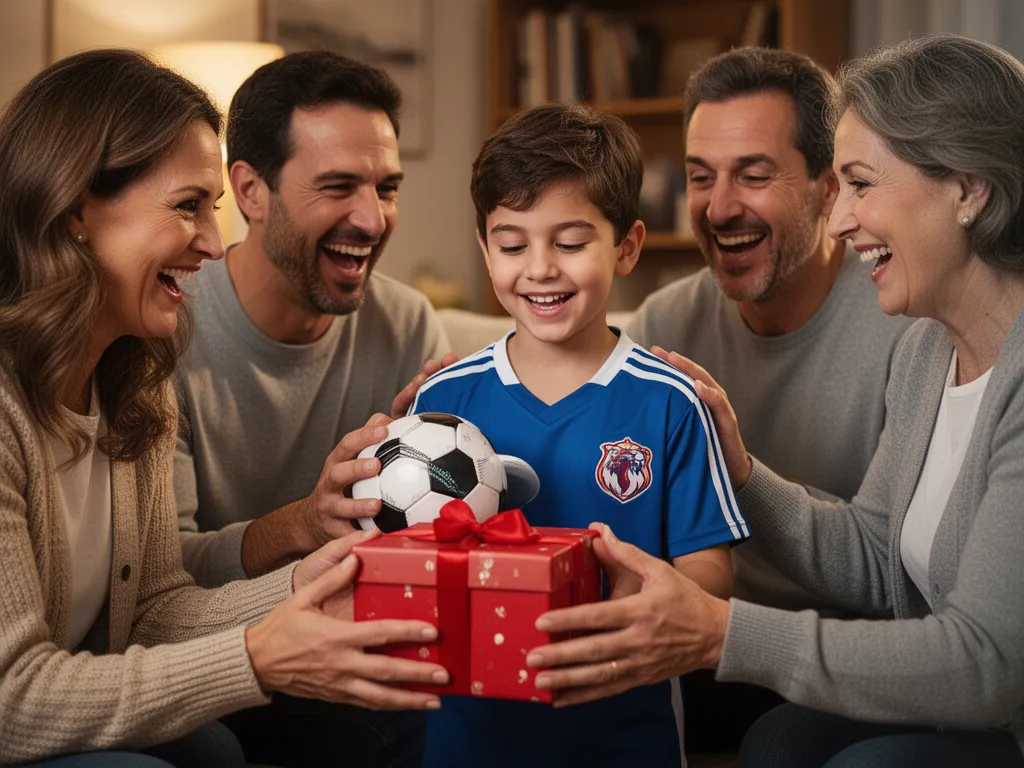 [Family presenting a sports gift to excited young athlete, capturing genuine emotion and joy indoors]