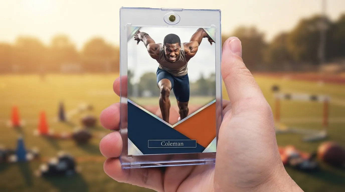 Hand holding magnetic case with sports father's day gifts trading card of sprinting athlete