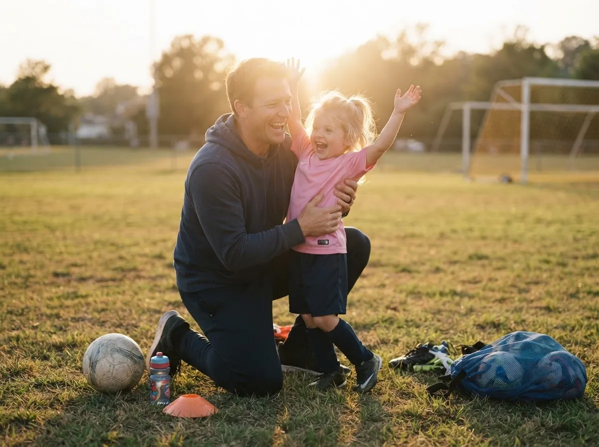 Father and child sharing joyful surprised hug on sunlit athletic field
