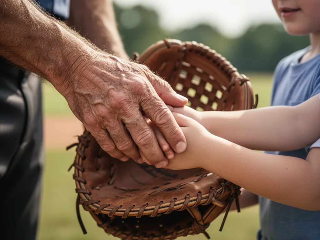 [Father's hands gently guide son's hands while holding a baseball glove together outdoors]