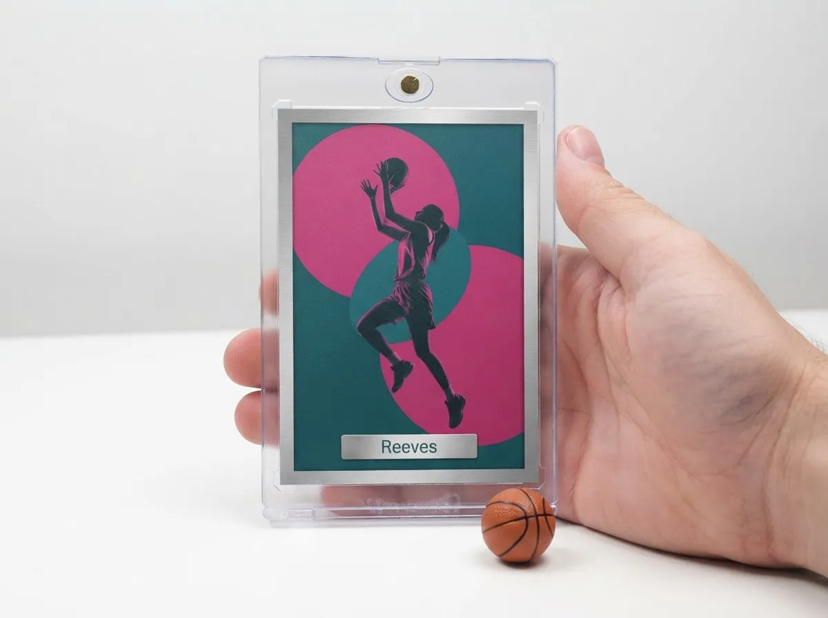 Custom sports trading card in magnetic case showing duotone basketball player design