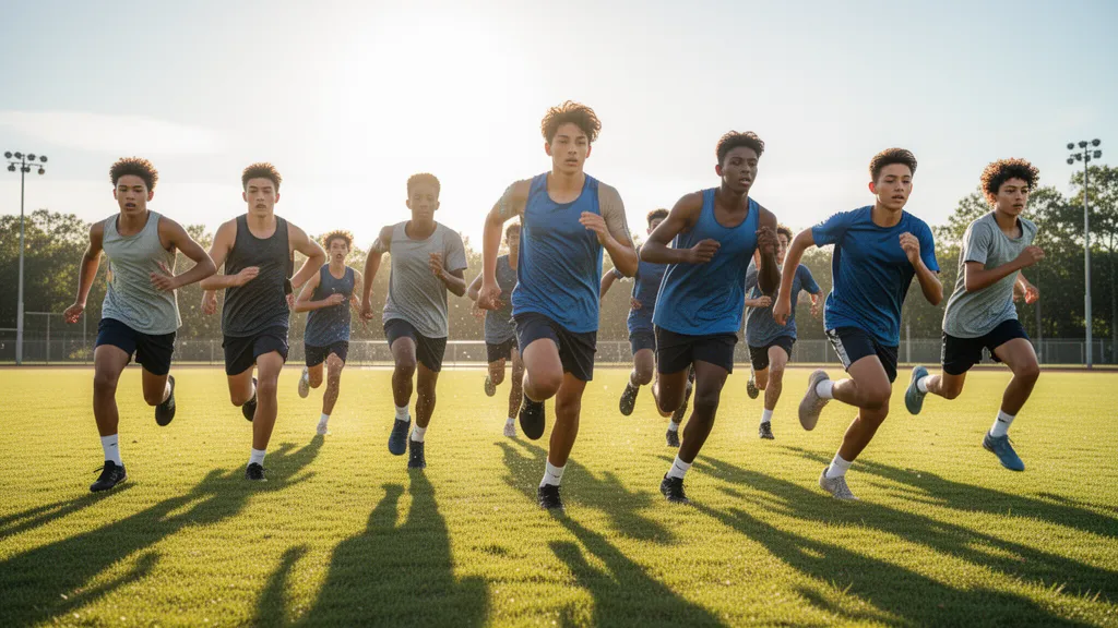 Multiple young athletes running together outdoors in bright sunlight with dynamic energy and motion