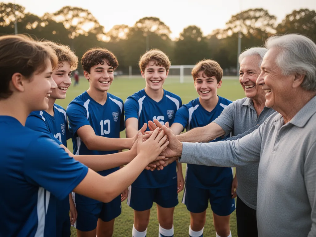 Young athletes and parents celebrating together with smiles and high-fives in outdoor setting