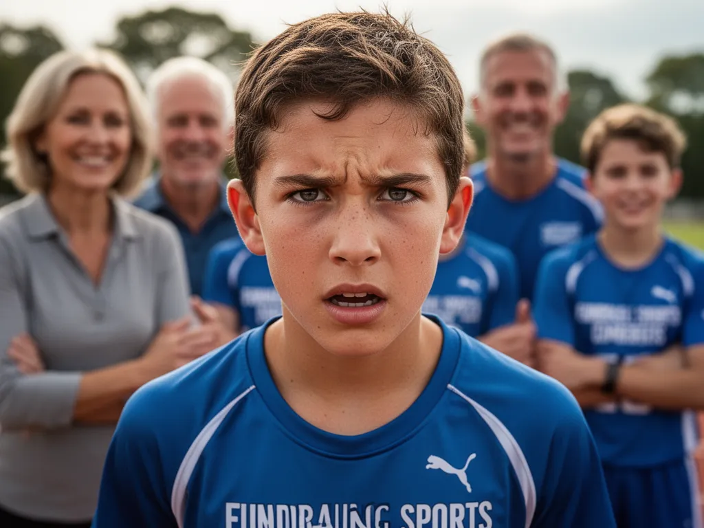 Young athlete's focused expression during competition with supportive family members and teammates visible in the background.
