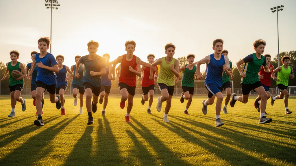 Young athletes from different sports running together across a sunlit field in dynamic motion.