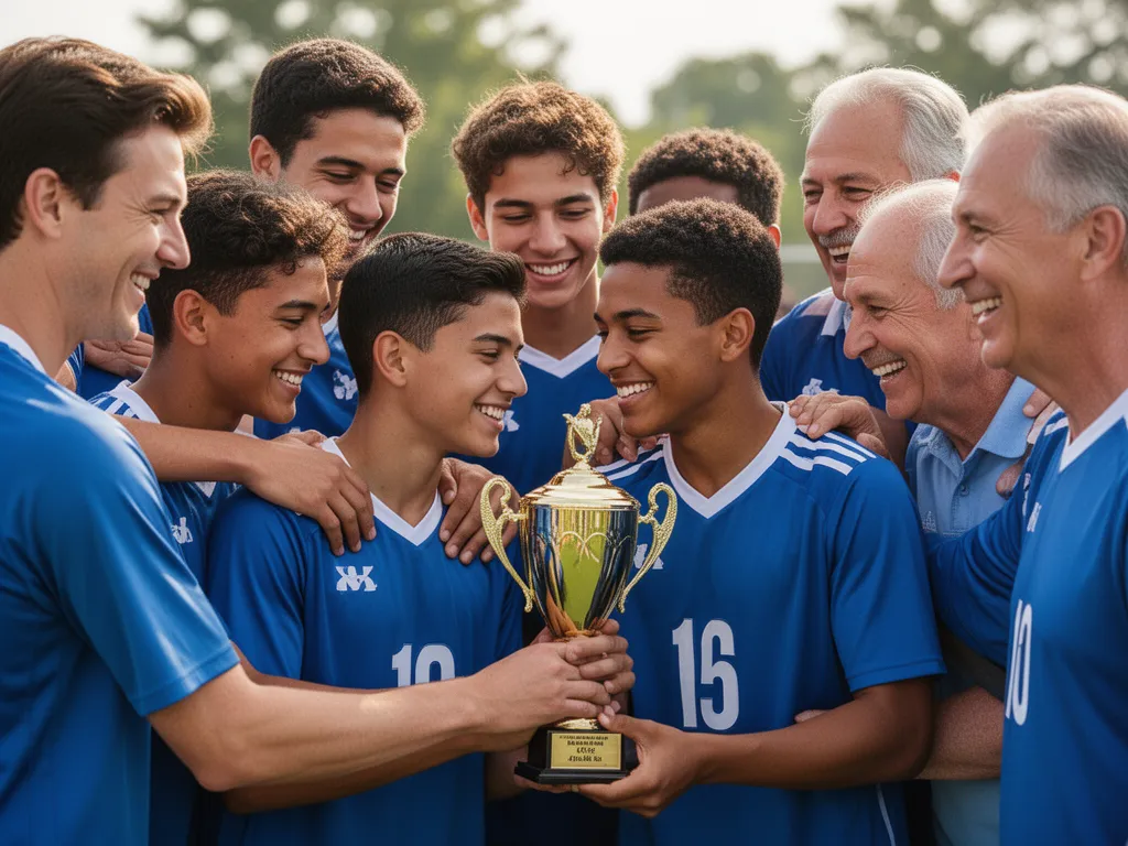 Young athletes and parents celebrating together with genuine joy and emotional connection after competition.