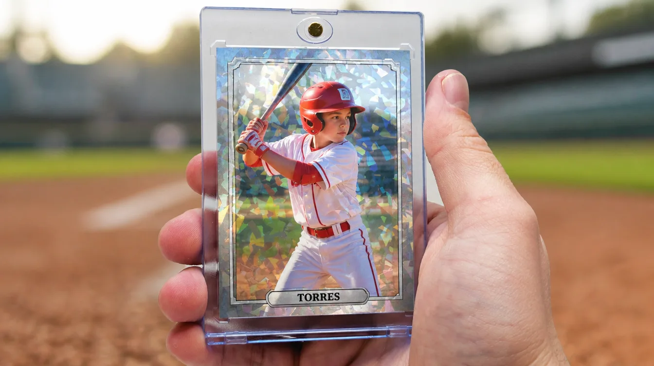 Custom youth baseball trading card in a one-touch magnetic display case