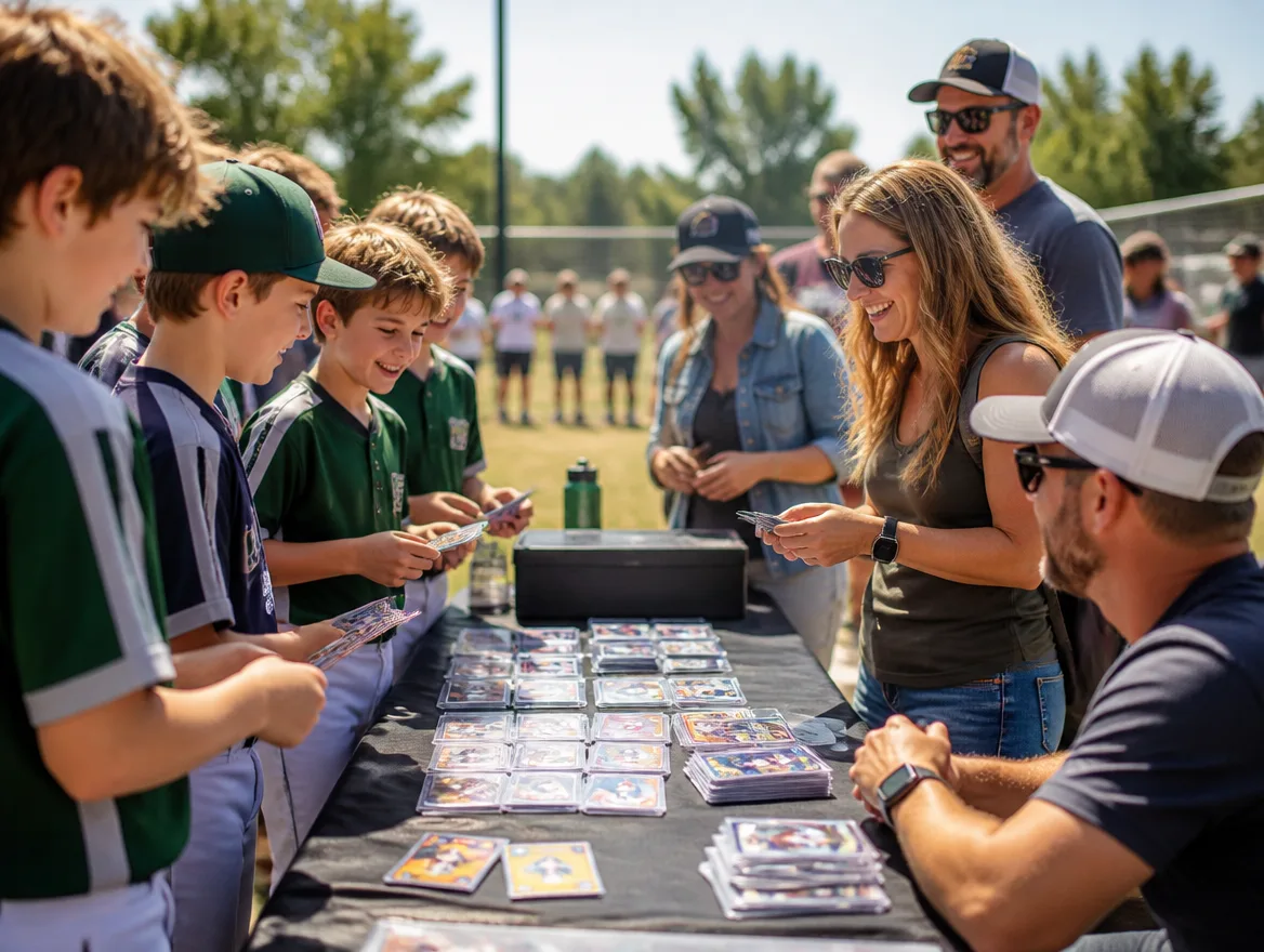 Youth team and parents at a sports fundraiser handing out custom trading cards