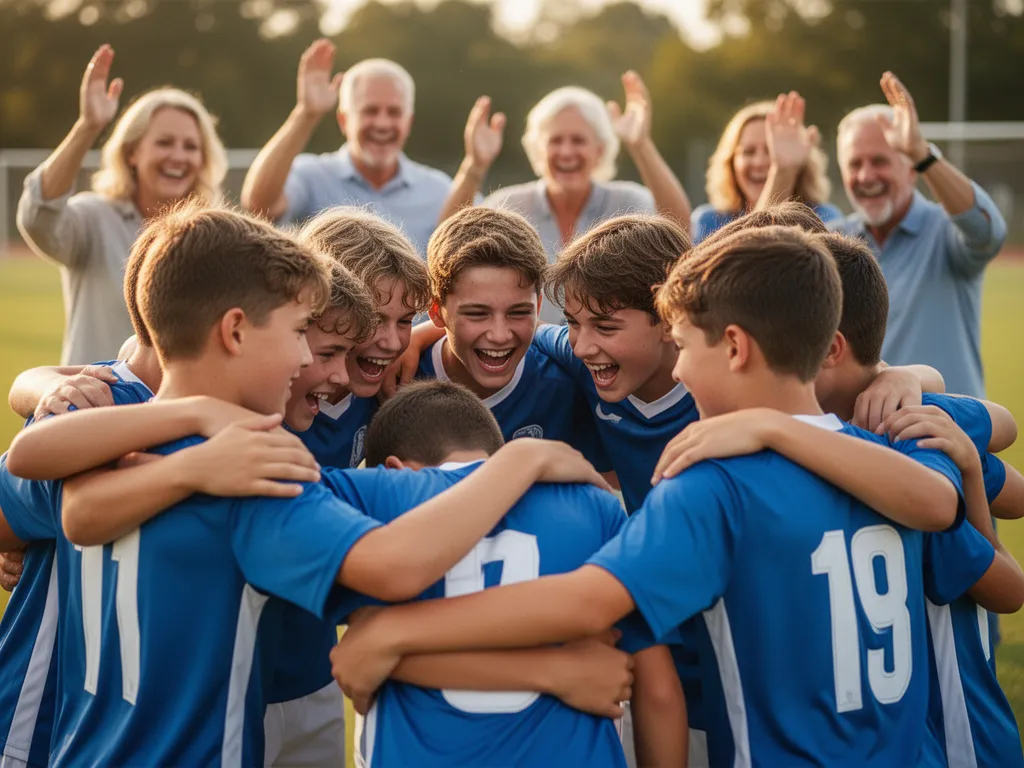 Young athletes huddled together celebrating with parents visible in warm, supportive background moment