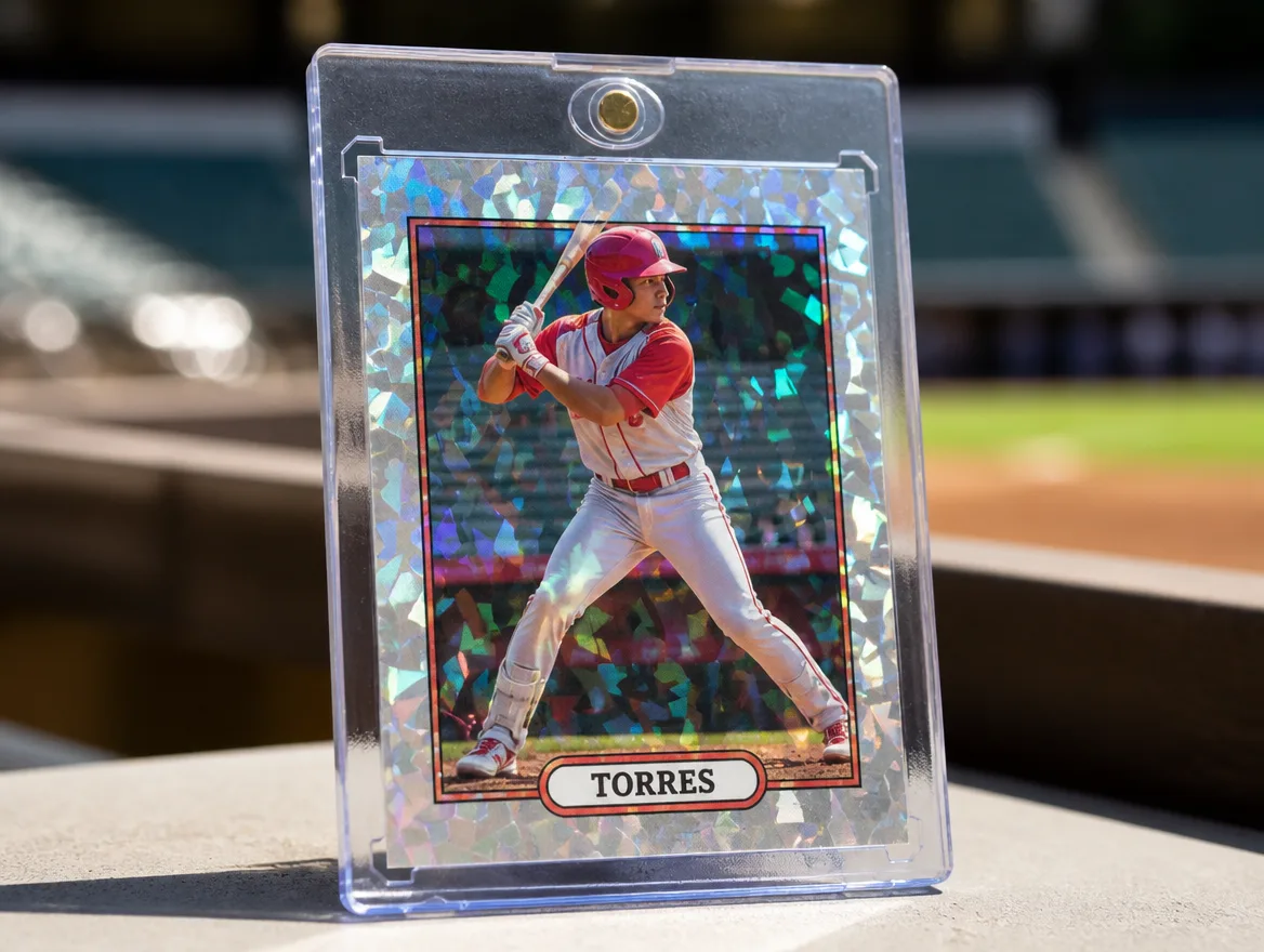 Custom youth baseball trading card displayed in a premium magnetic case