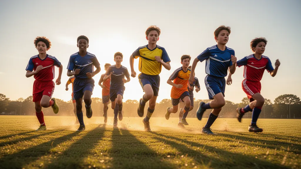 Multiple young athletes sprinting together across a sunlit field in team uniforms with dynamic motion and energy