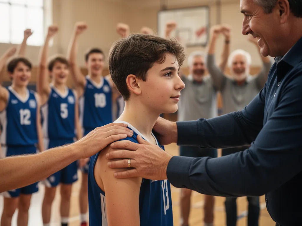 Coach mentoring young athlete with teammates and parents celebrating supportively in the soft-focused background