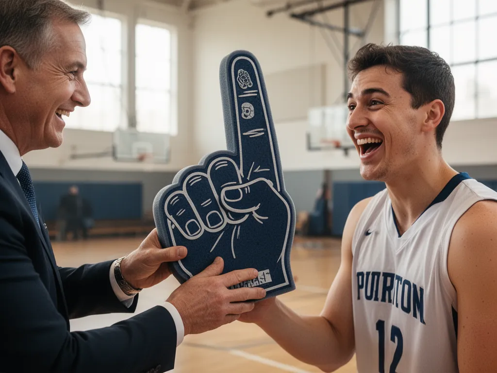 Coach presenting a humorous oversized foam finger to an amazed and laughing player indoors
