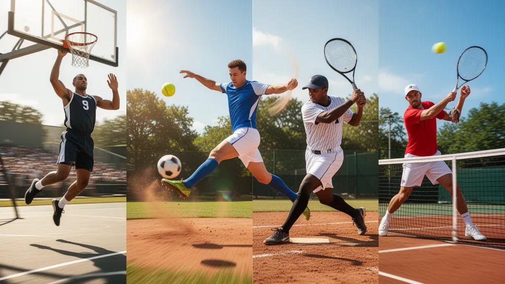 Multiple athletes from different sports in dynamic action poses outdoors under natural lighting