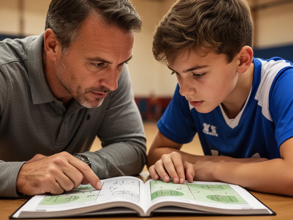 Coach and young athlete bonding during focused strategy session indoors with genuine emotion