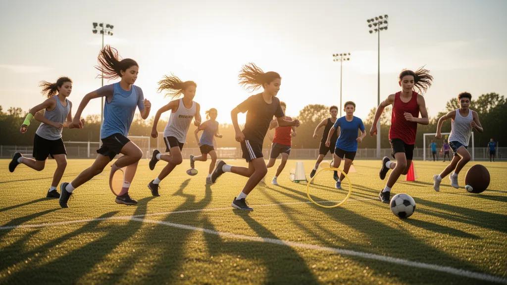 Group of young athletes running and playing sports outdoors in natural daylight with dynamic motion and energy