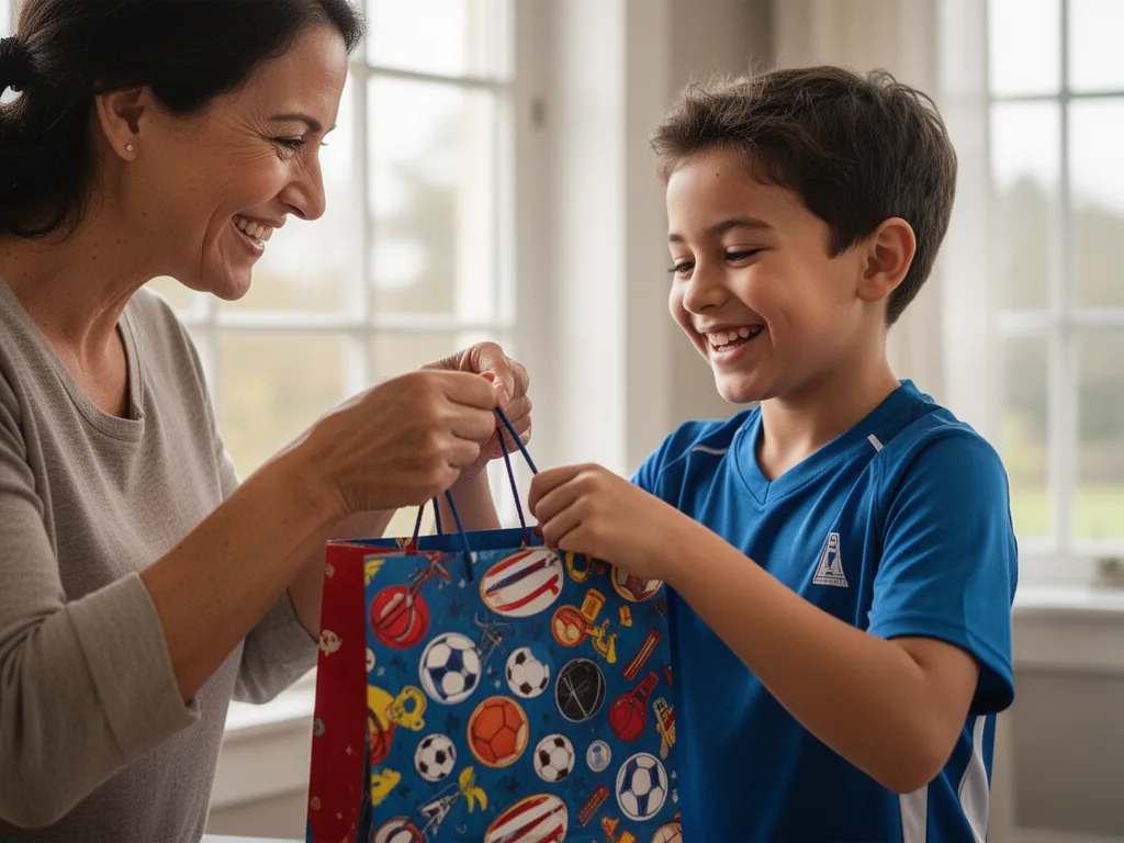 Parent giving a young athlete a sports gift bag indoors with genuine celebration and happiness between them