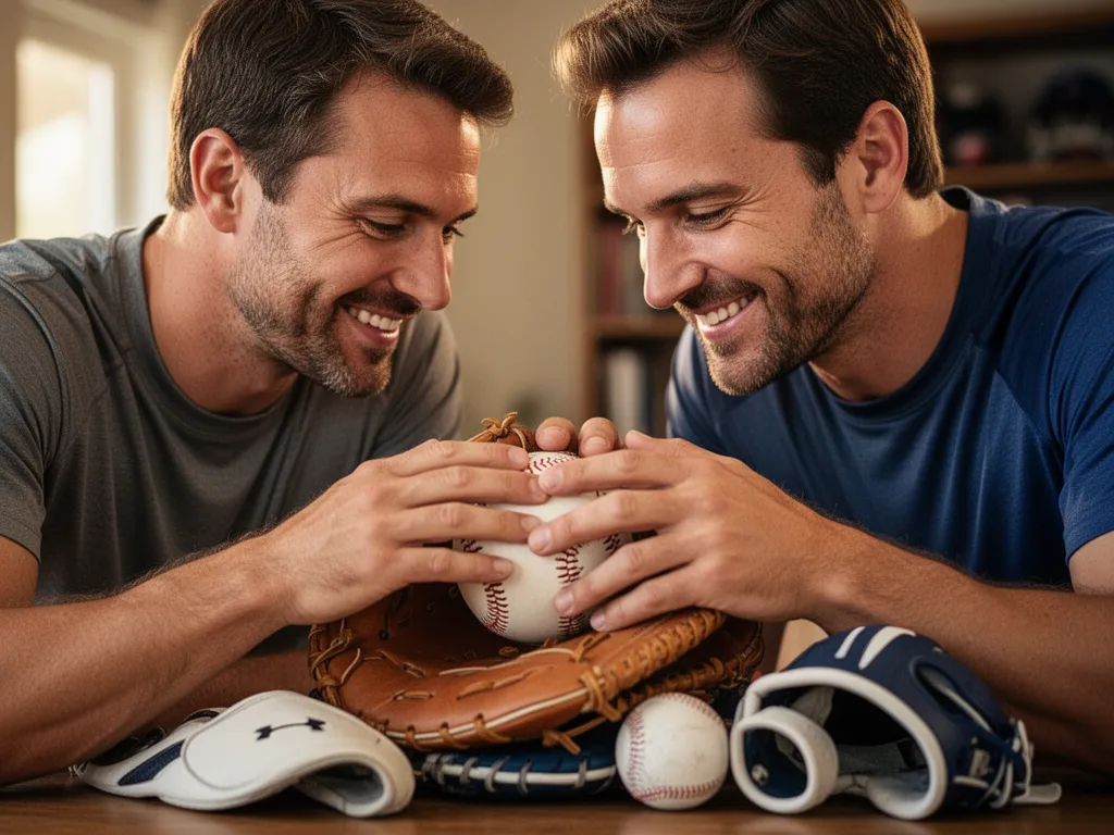 Father and son bonding while examining sports equipment with genuine smiles and warmth