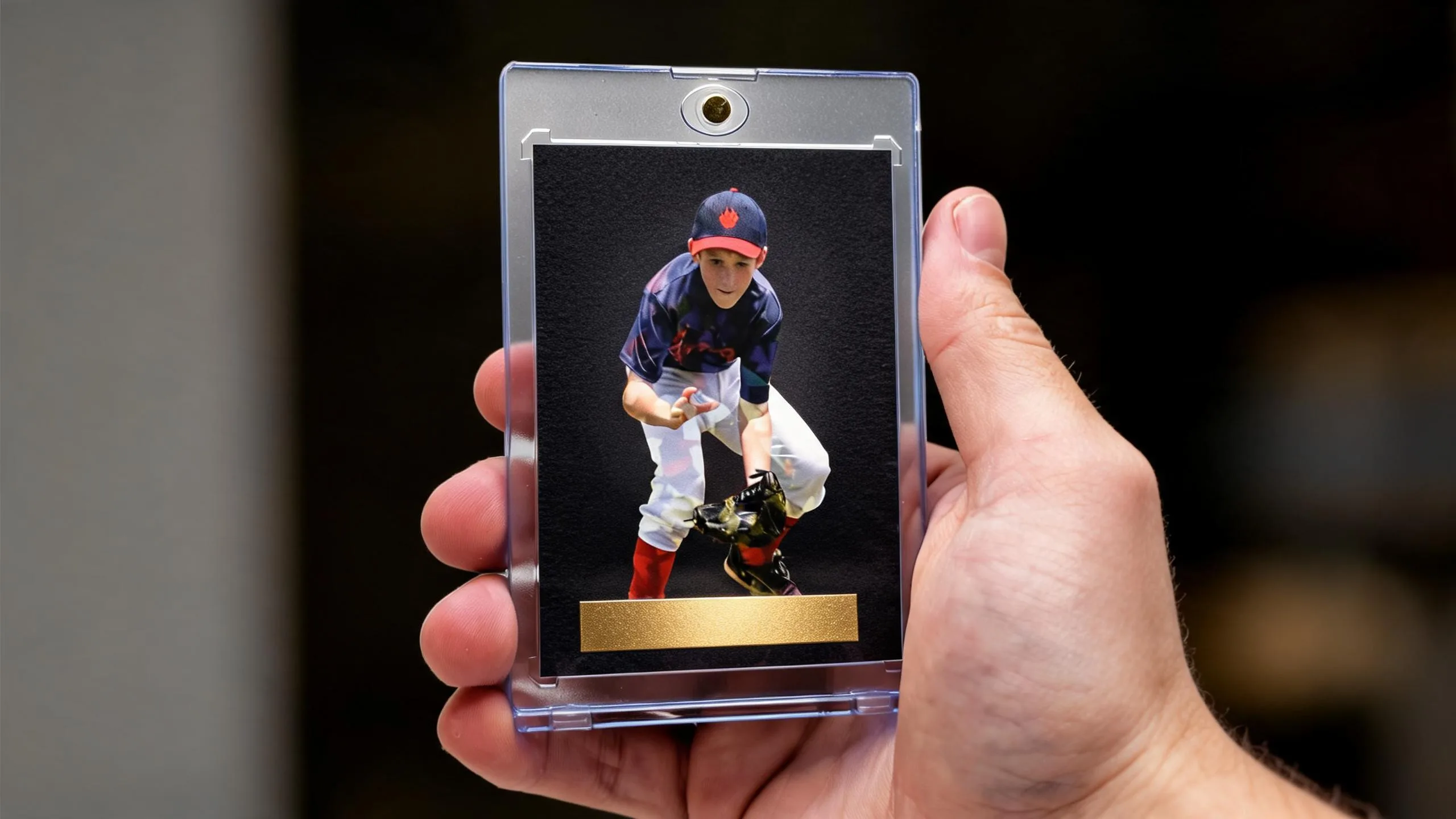 Hand holding a magnetic case with a premium dark athlete card, sports gift baskets keepsake.