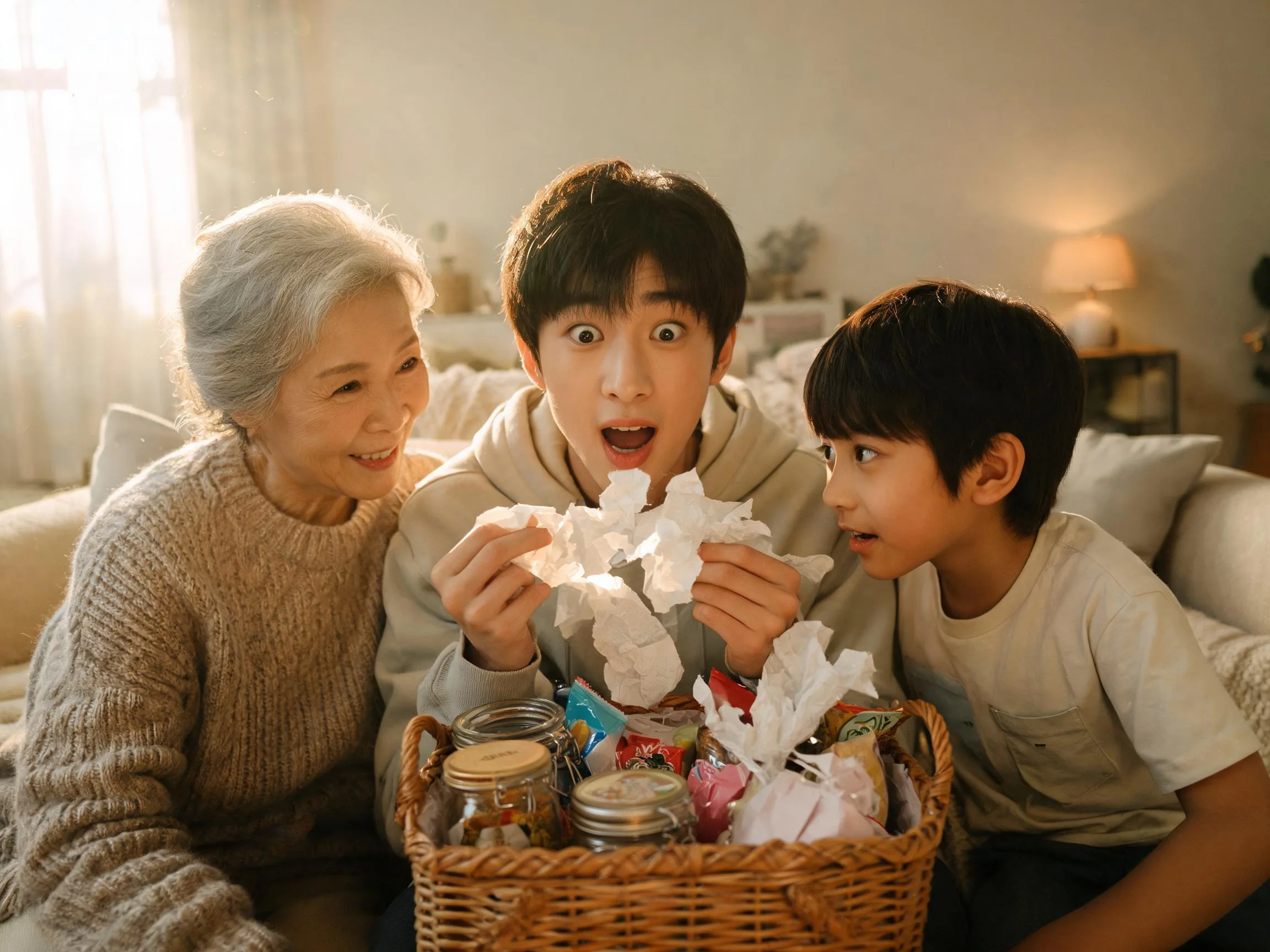 Multigenerational family sharing a joyful surprise while unwrapping a gift basket together.