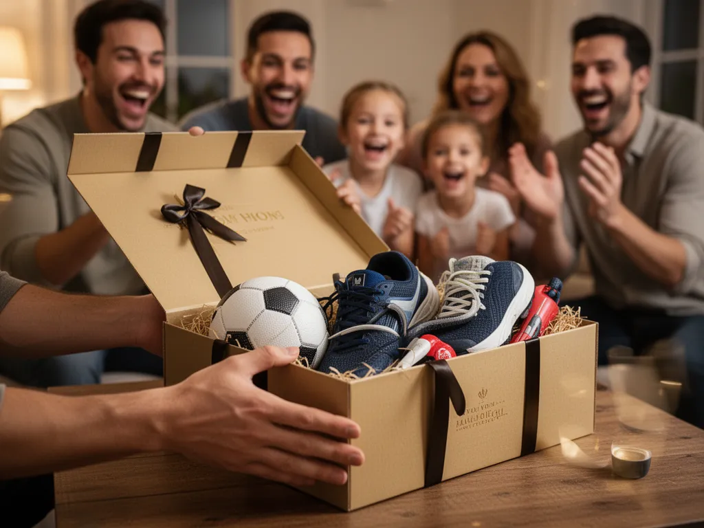 [Child's hands opening a sports gift box surrounded by family members with joyful expressions]