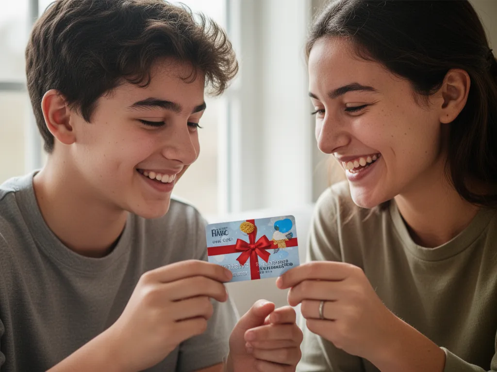 Parent giving gift card to happy teenager indoors with natural window light and genuine emotion