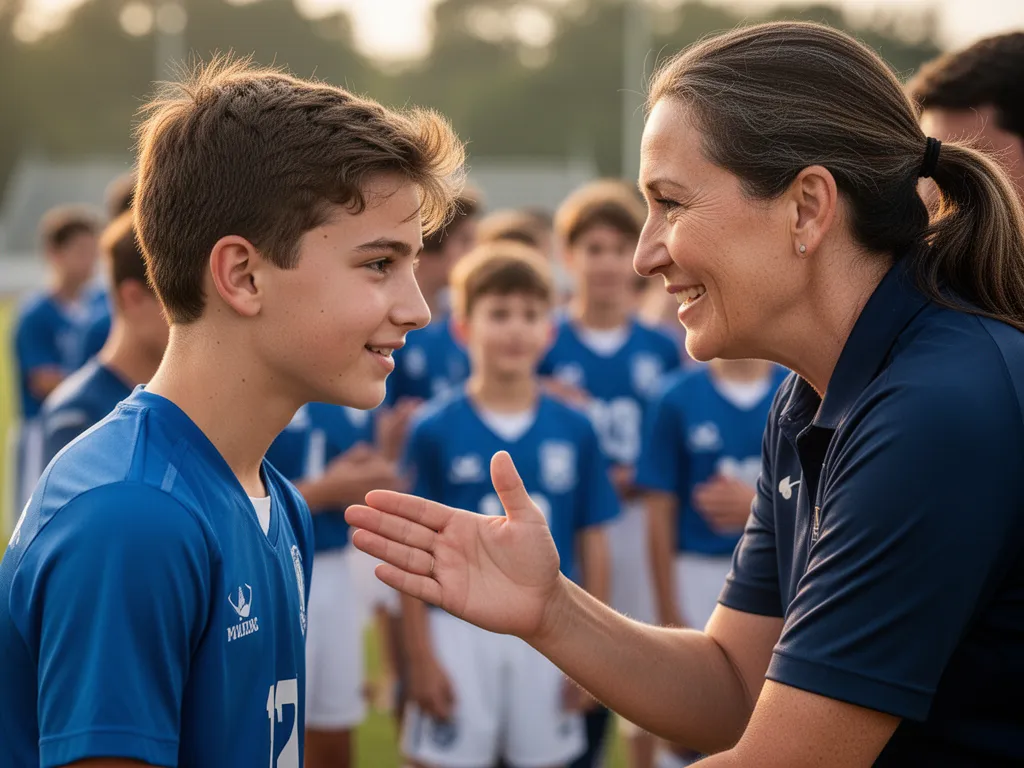 Parent embracing young athlete with pride and encouragement after competition performance