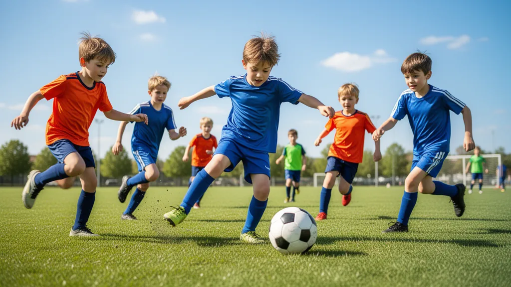 Young boys playing soccer together outdoors on a sunny grass field during an active game