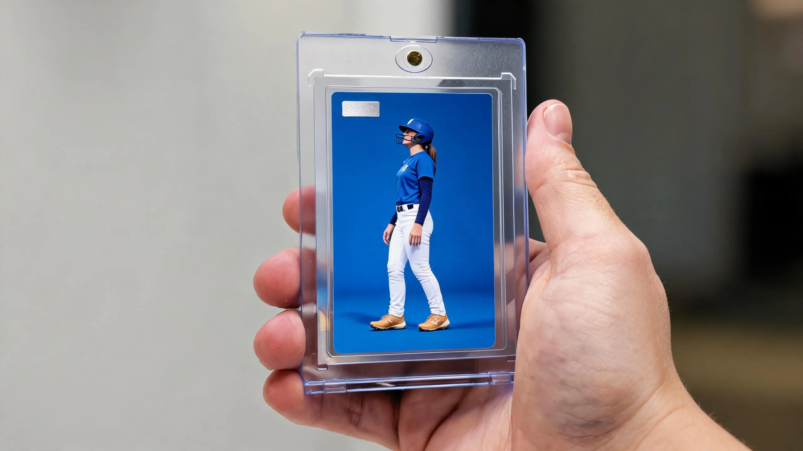 Hand holding magnetic case with custom athlete card, a sports gift for 7 year old boy.
