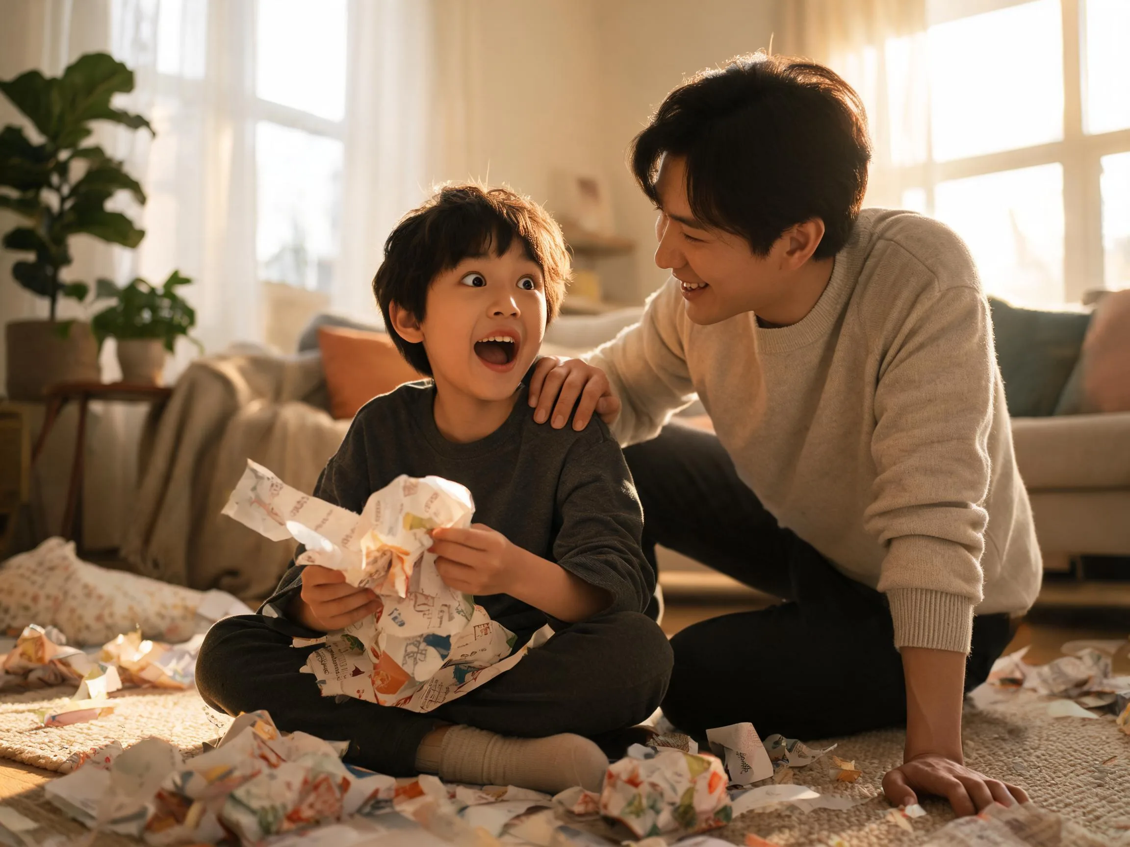 Young boy shows joyful surprise while unwrapping a gift with parent beside him.