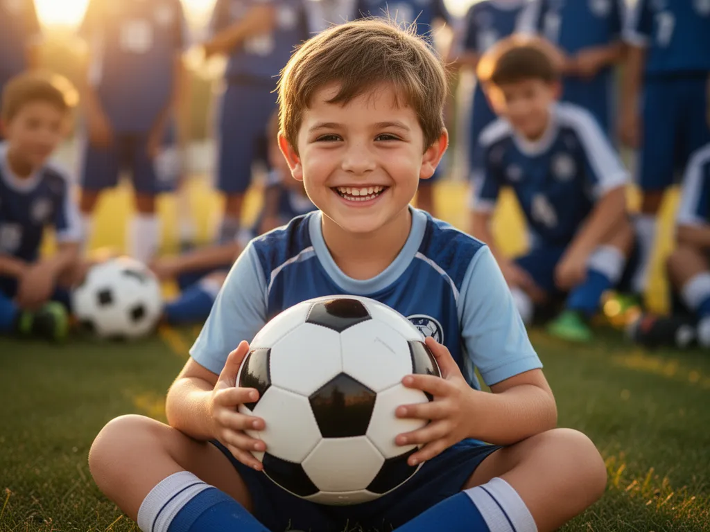 Young boy smiling while holding a soccer ball outdoors with teammates visible in soft background