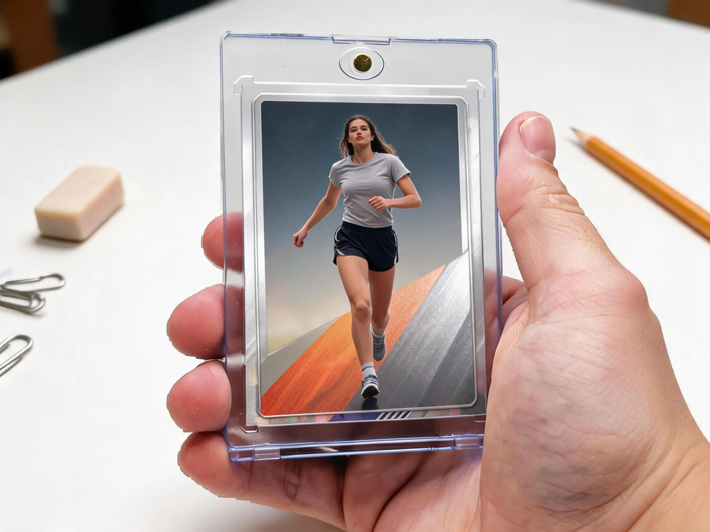 Custom keepsake trading card athlete design displayed in clear magnetic protective case.